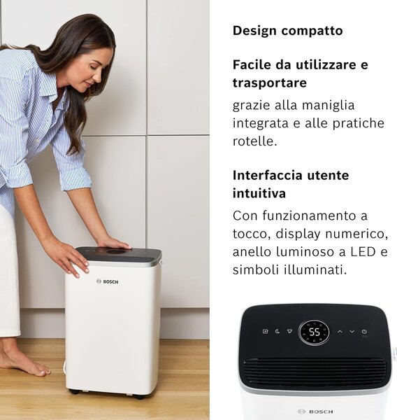 Bosch Deumidificatore Portatile per la casa muffa 16 Litri in 24 Ore Tanica 2.5 Litri con Filtro HEPA 2 in 1 colore Bianco - DRY4000