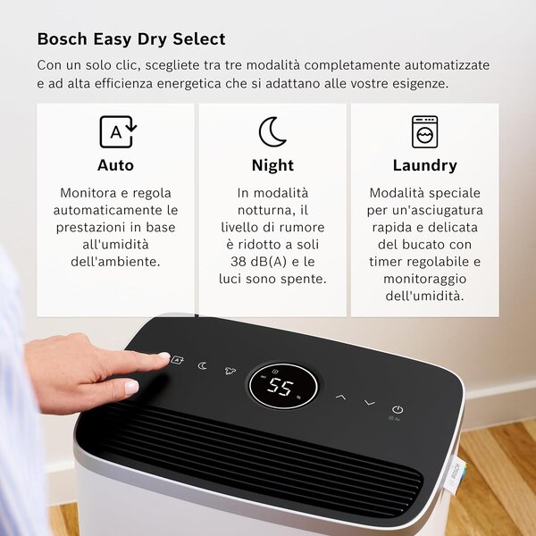 Bosch Deumidificatore Portatile per la casa muffa 16 Litri in 24 Ore Tanica 2.5 Litri con Filtro HEPA 2 in 1 colore Bianco - DRY4000