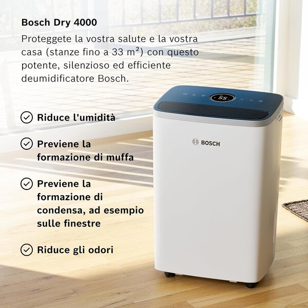 Bosch Deumidificatore Portatile per la casa muffa 16 Litri in 24 Ore Tanica 2.5 Litri con Filtro HEPA 2 in 1 colore Bianco - DRY4000