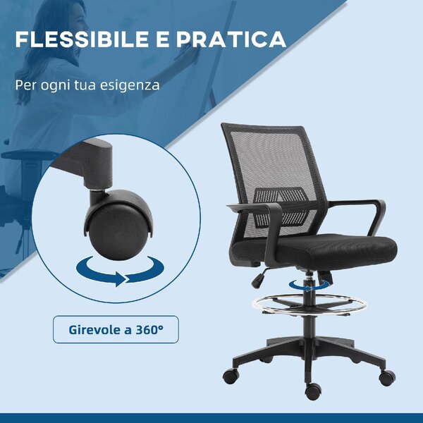 Icon Space Sedia da Ufficio Ergonomica Regolabile in Tessuto a Rete con Braccioli e Anello Poggiapiedi 64x59x104-124 cm colore Nero