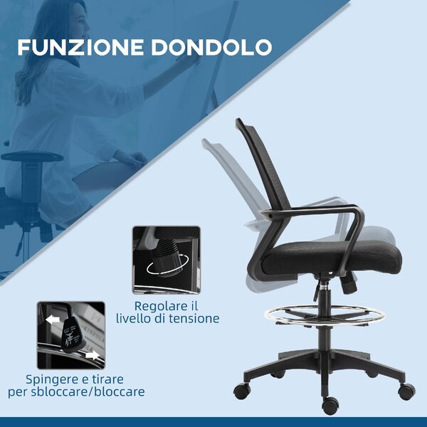 Icon Space Sedia da Ufficio Ergonomica Regolabile in Tessuto a Rete con Braccioli e Anello Poggiapiedi 64x59x104-124 cm colore Nero
