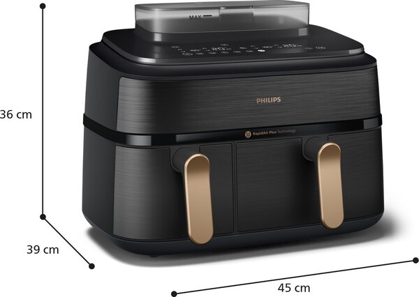 Philips Friggitrice ad Aria Doppio Cestello Capacit 9 Litri Potenza 2750 Watt con Timer Digitale e Termostato Regolabile colore Nero e Oro - NA552