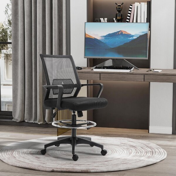 Icon Space Sedia da Ufficio Ergonomica Regolabile in Tessuto a Rete con Braccioli e Anello Poggiapiedi 64x59x104-124 cm colore Nero