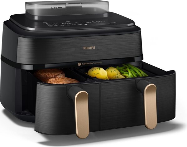 Philips Friggitrice ad Aria Doppio Cestello Capacit 9 Litri Potenza 2750 Watt con Timer Digitale e Termostato Regolabile colore Nero e Oro - NA552