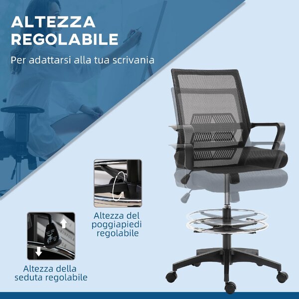Icon Space Sedia da Ufficio Ergonomica Regolabile in Tessuto a Rete con Braccioli e Anello Poggiapiedi 64x59x104-124 cm colore Nero