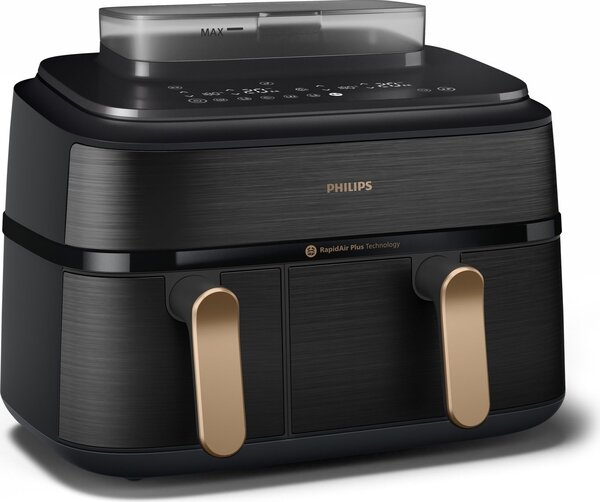 Philips Friggitrice ad Aria Doppio Cestello Capacit 9 Litri Potenza 2750 Watt con Timer Digitale e Termostato Regolabile colore Nero e Oro - NA552
