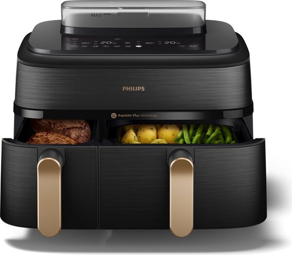 Philips Friggitrice ad Aria Doppio Cestello Capacit 9 Litri Potenza 2750 Watt con Timer Digitale e Termostato Regolabile colore Nero e Oro - NA552