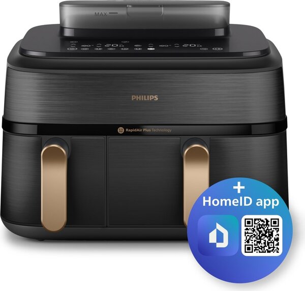 Philips Friggitrice ad Aria Doppio Cestello Capacit 9 Litri Potenza 2750 Watt con Timer Digitale e Termostato Regolabile colore Nero e Oro - NA552