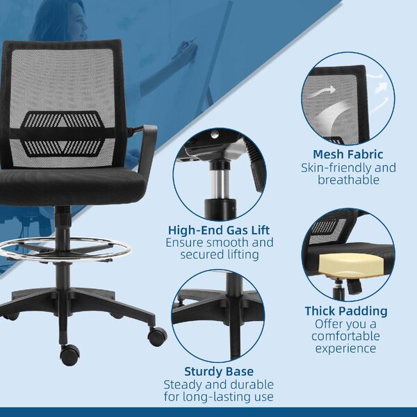 Icon Space Sedia da Ufficio Ergonomica Regolabile in Tessuto a Rete con Braccioli e Anello Poggiapiedi 64x59x104-124 cm colore Nero