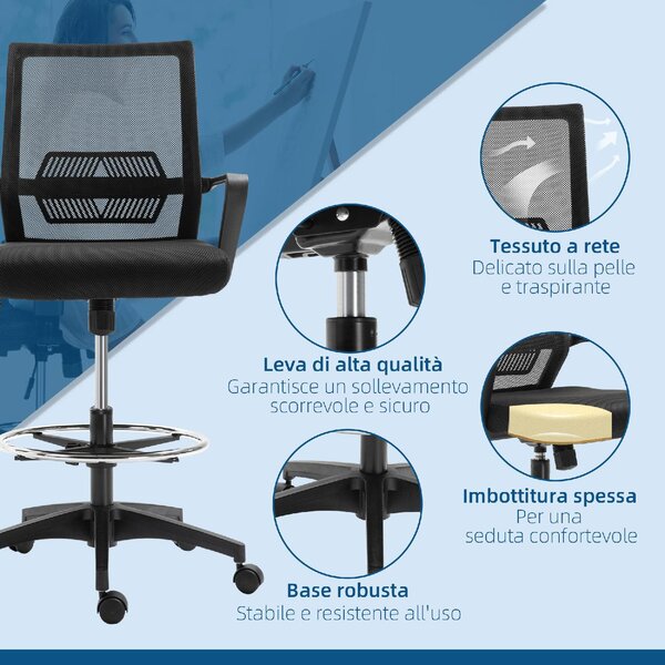 Icon Space Sedia da Ufficio Ergonomica Regolabile in Tessuto a Rete con Braccioli e Anello Poggiapiedi 64x59x104-124 cm colore Nero