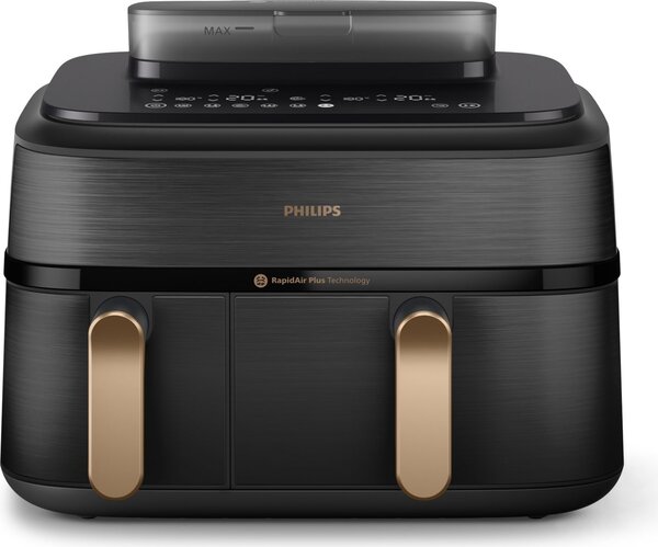 Philips Friggitrice ad Aria Doppio Cestello Capacit 9 Litri Potenza 2750 Watt con Timer Digitale e Termostato Regolabile colore Nero e Oro - NA552