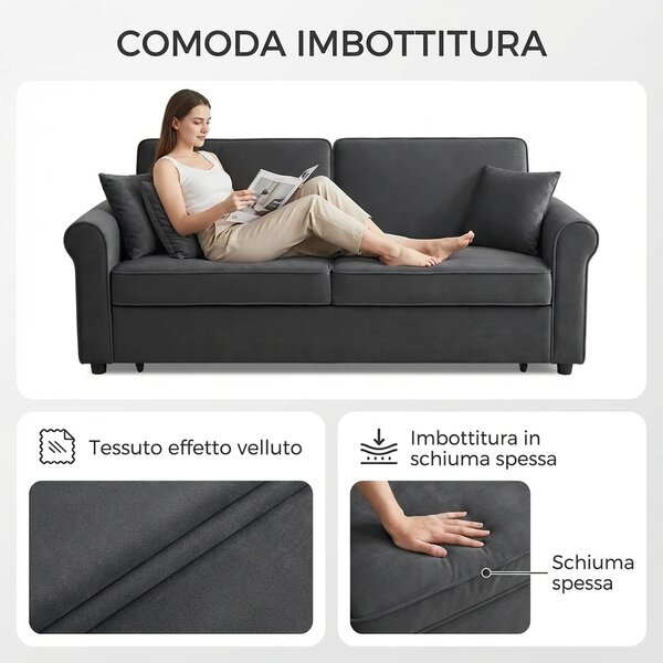 DecHome Divano Letto Clic-Clac 2 Posti Moderno in Velluto Dimensioni 148x87x88 cm colore Grigio