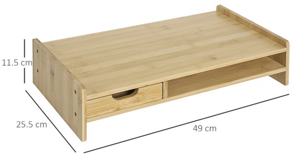 HOMCOM Supporto Monitor in Bambù con Spazio per Mouse e Tastiera e Ripiano con Cubo Portaoggetti, 49x25.5x11.5cm| Aosom Italy