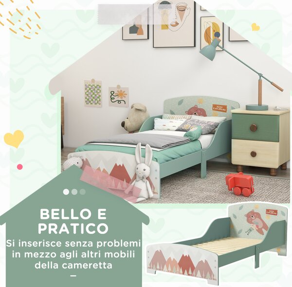 ZONEKIZ Letto per Bambini 3-6 Anni con Bordi Rialzati, Doghe e Fantasia con Animali, 140x70 cm, Verde