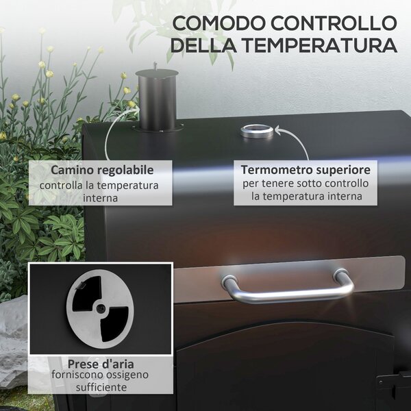 Outsunny Barbecue da Giardino a 2 Ruote con Griglia, Affumicatore e Fornello, in Metallo e Ghisa, 124x66x112 cm, Nero|Aosom