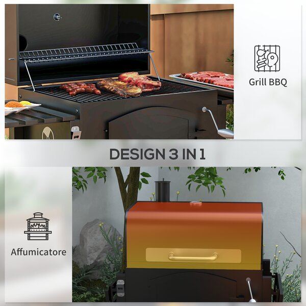 Outsunny Barbecue da Giardino a 2 Ruote con Griglia, Affumicatore e Fornello, in Metallo e Ghisa, 124x66x112 cm, Nero|Aosom
