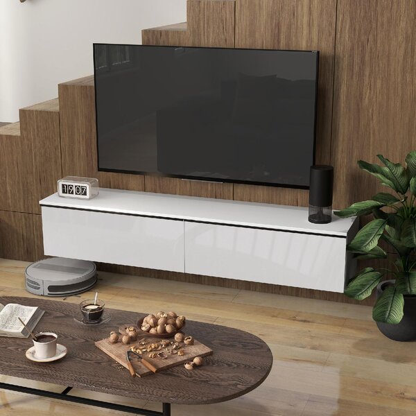 DecHome Mobile TV Sospeso Moderno 2 Ante a Ribalta in Legno Dimensioni 160x35x30 cm colore Bianco Lucido