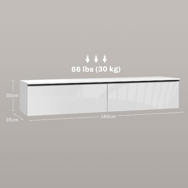 DecHome Mobile TV Sospeso Moderno 2 Ante a Ribalta in Legno Dimensioni 160x35x30 cm colore Bianco Lucido