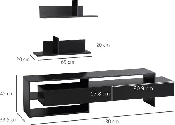 DecHome Parete Attrezzata Moderna Mobile TV + 2 Mensole in Legno Dimensioni 180x33.5x42 cm colore Nero