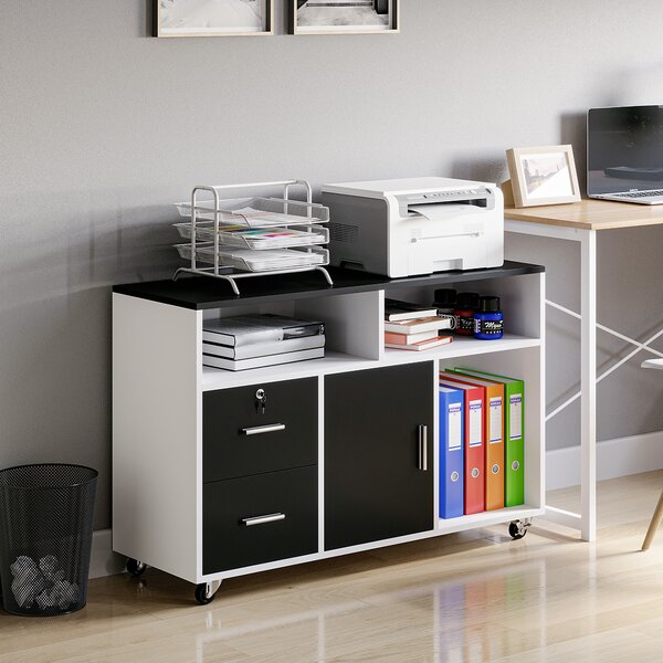 HOMCOM Mobiletto Multiuso minimalista per stampante, Ufficio e Casa con Cassetti di chiave e 4 ruote, 100x35x65cm, Nero e Bianco | Aosom Italy