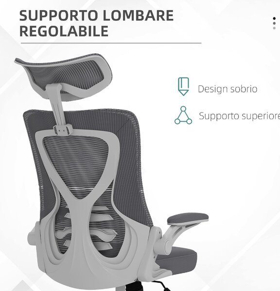 DecHome Sedia Ergonomica con Ruote e Braccioli Reclinabile con Poggiatesta colore Grigio/Bianco