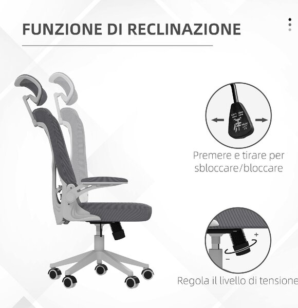 DecHome Sedia Ergonomica con Ruote e Braccioli Reclinabile con Poggiatesta colore Grigio/Bianco