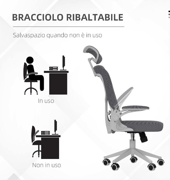DecHome Sedia Ergonomica con Ruote e Braccioli Reclinabile con Poggiatesta colore Grigio/Bianco