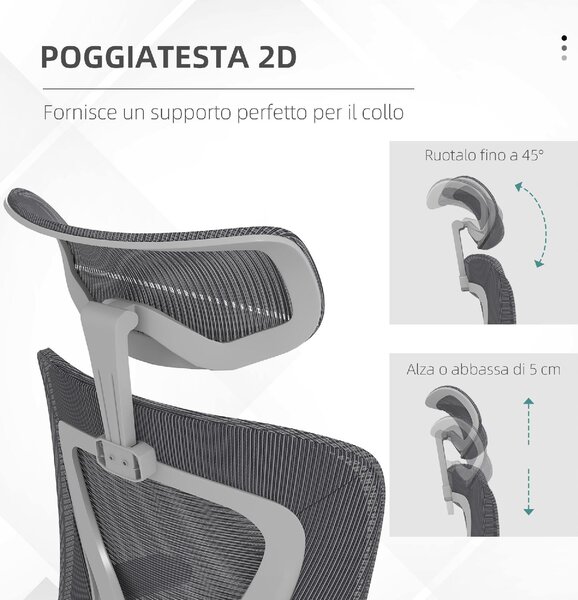 DecHome Sedia Ergonomica con Ruote e Braccioli Reclinabile con Poggiatesta colore Grigio/Bianco