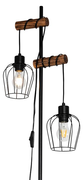 Lampada da terra rustica nera con legno 2 luci - Stronk
