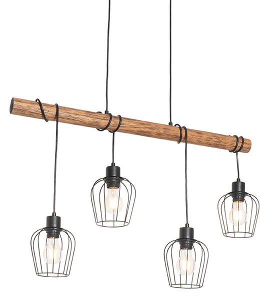 Lampada a sospensione intelligente nera con legno incl. 4 Wifi A60 - Stronk