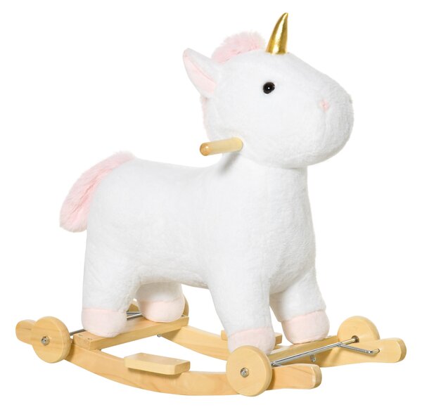 HOMCOM Cavallo a Dondolo a Unicorno con Base Curva e Ruote, Suoni Integrati e Rivestimento Peluche, 63x38x63cm, Bianco | Aosom