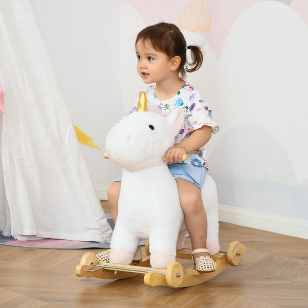 HOMCOM Cavallo a Dondolo a Unicorno con Base Curva e Ruote, Suoni Integrati e Rivestimento Peluche, 63x38x63cm, Bianco | Aosom