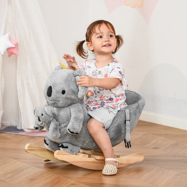 HOMCOM Cavallo a Dondolo Koala con Suoni, Cavalluccio a Dondolo per Bambini 18-36 Mesi in Peluche Grigio e Legno, 60x33x50cm|Aosom