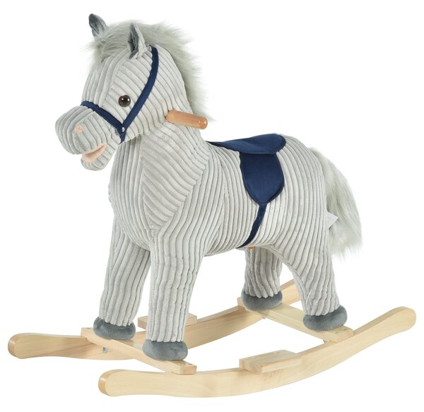 HOMCOM Cavallo a Dondolo in Peluche, Grigio, con Suoni, Gioco Affascinante per Bambini 3-6 Anni, 73x35x64cm|Aosom