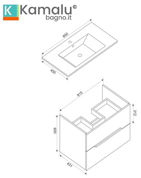 Kamalu mobile bagno nero grafite matt 85 cm con lavabo incasso | lac-ares-85