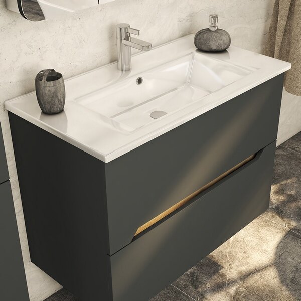 Kamalu mobile bagno nero grafite matt 85 cm con lavabo incasso | lac-ares-85