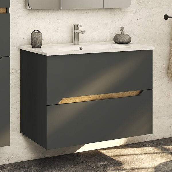 Kamalu mobile bagno nero grafite matt 85 cm con lavabo incasso | lac-ares-85