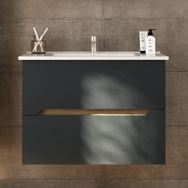 Kamalu mobile bagno nero grafite matt 85 cm con lavabo incasso | lac-ares-85