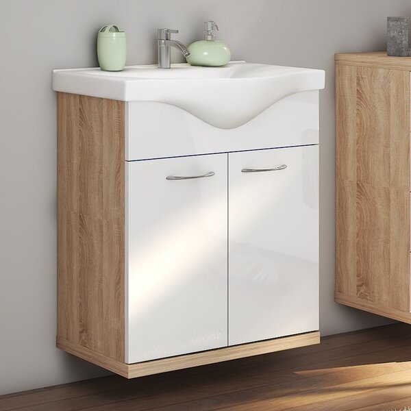 Kamalu mobile bagno a terra o sospeso 65 cm bicolore bianco e legno chiaro | lac-estia-65