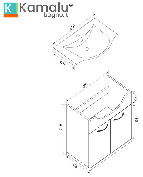 Kamalu mobile bagno a terra o sospeso 65 cm bicolore bianco e legno chiaro | lac-estia-65