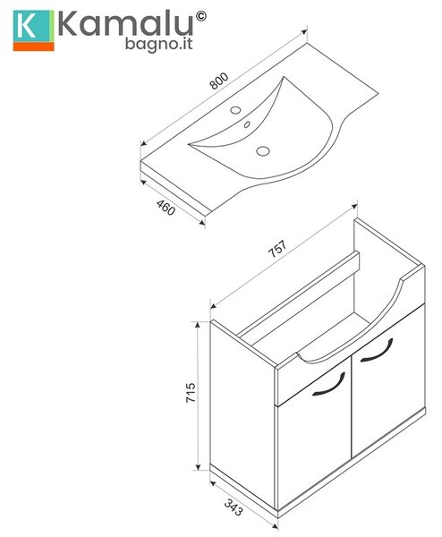 Kamalu mobile bagno a terra o sospeso 80 cm bicolore bianco e legno chiaro | lac-estia-80
