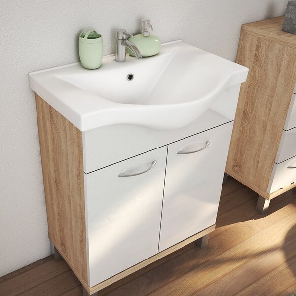 Kamalu mobile bagno a terra o sospeso 65 cm bicolore bianco e legno chiaro | lac-estia-65