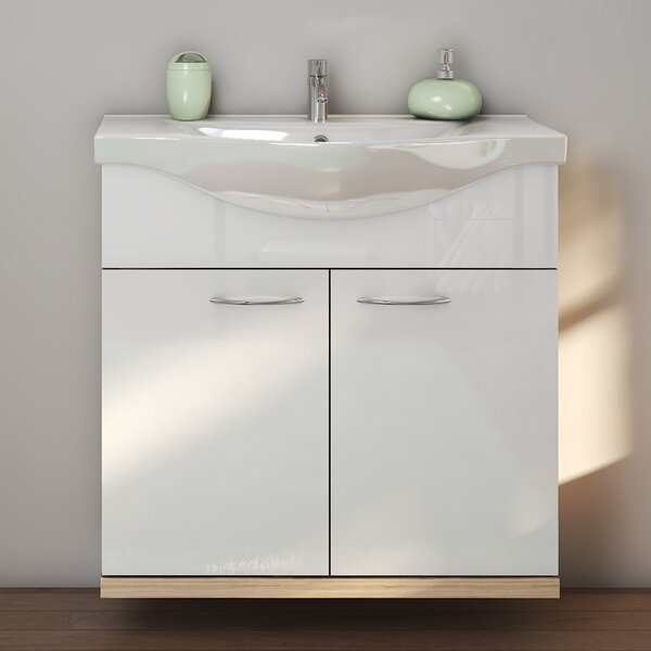 Kamalu mobile bagno a terra o sospeso 80 cm bicolore bianco e legno chiaro | lac-estia-80