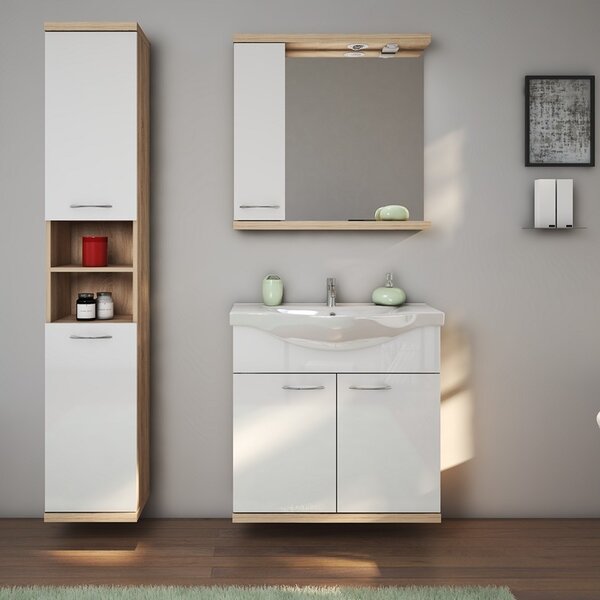 Kamalu mobile bagno a terra o sospeso 80 cm bicolore bianco e legno chiaro | lac-estia-80