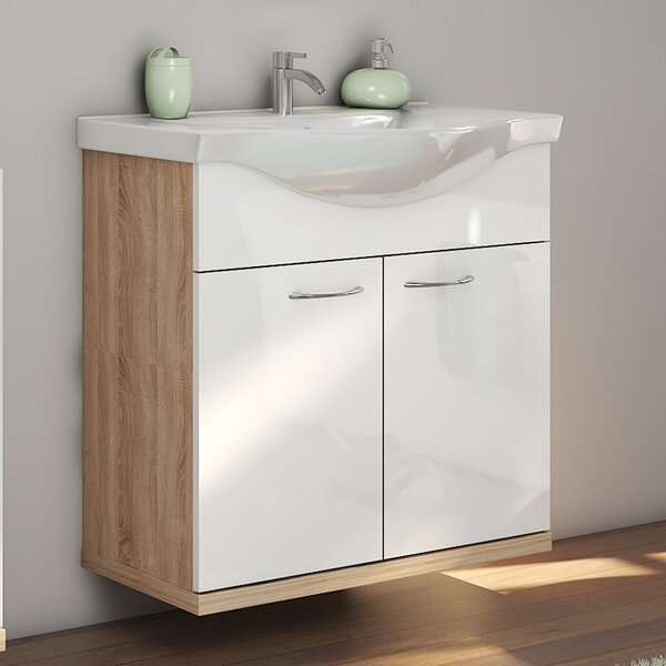 Kamalu mobile bagno a terra o sospeso 80 cm bicolore bianco e legno chiaro | lac-estia-80