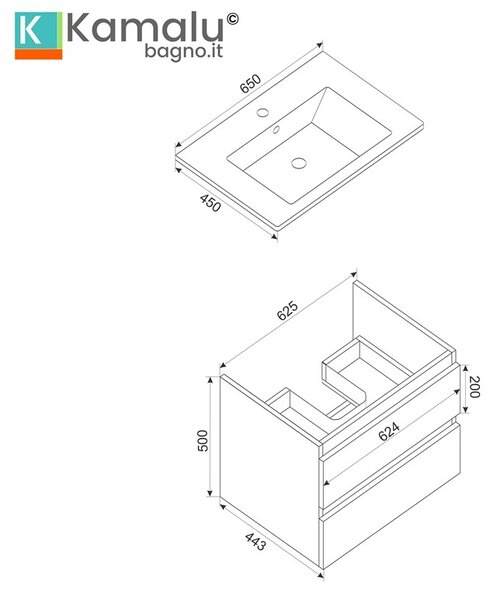 Mobile bagno sospeso 65 cm colore bianco opaco | LAC-EOLO-65 - KAMALU