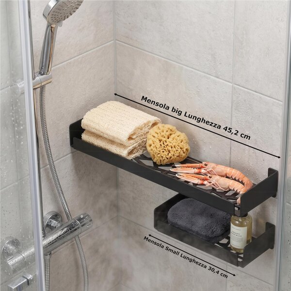 Mensola doccia bagno Small , in acciaio 304 verniciato nero opaco design contemporaneo 30,6x12,1xh6,2 cm garantita contro la ruggine