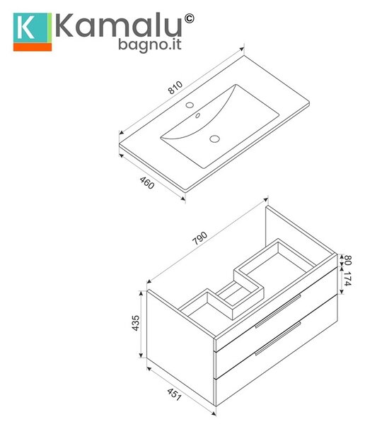 Kamalu mobile bagno sospeso 80 cm in rovere naturale spazzolato grezzo | lac-efesto-80