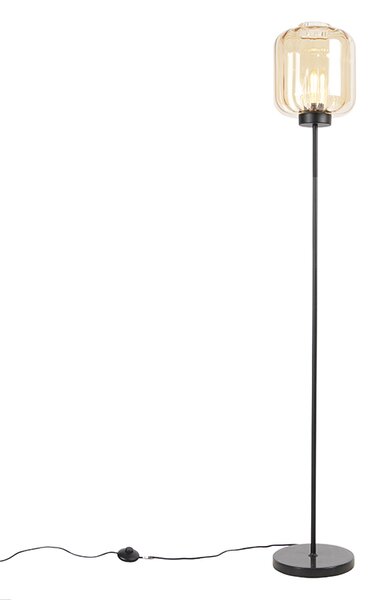 Lampada da terra di design nera con vetro ambrato - Qara