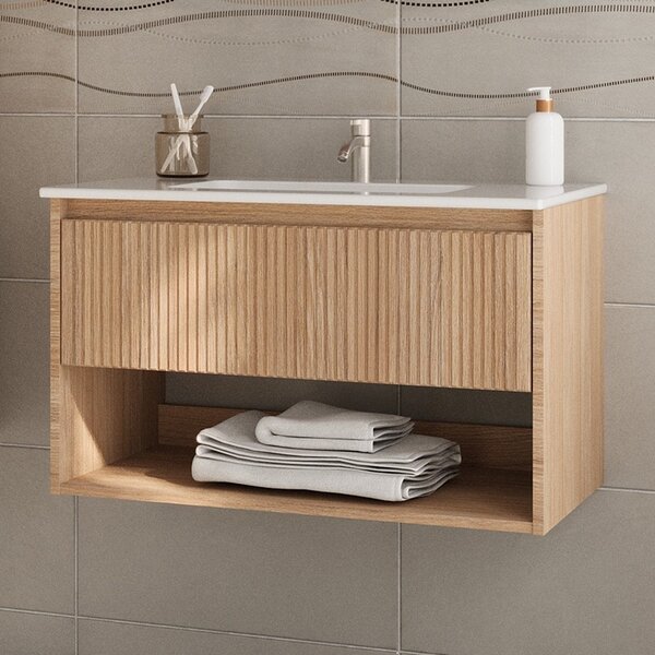 Kamalu mobile bagno cannettato 80 cm rovere chiaro | lac-iride-80